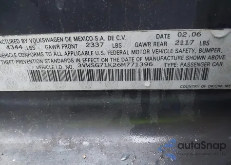 2006 Volkswagen Jetta 2.5 из США, поврежденный, VIN 3VWSG71K26M771396